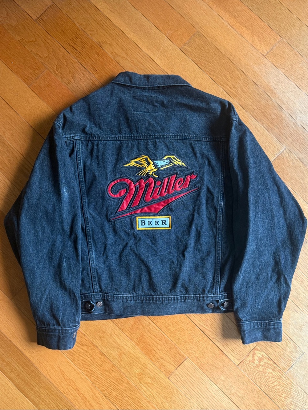 Vintage Miller Beer Black Denim Jacket Made in USA Eagle Dry Goods Co XL